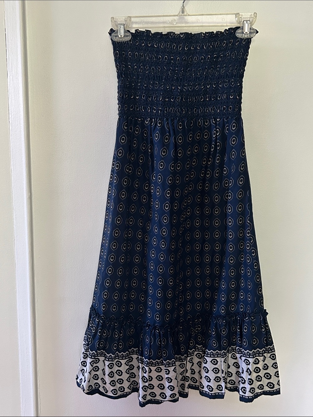 Juicy Couture Navy Cotton Smocked Strapless Midi Dress